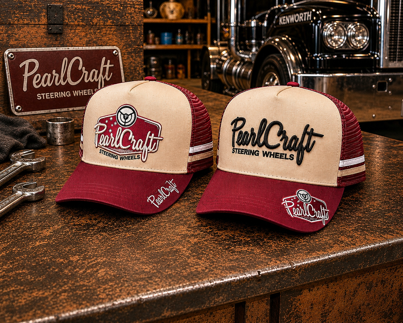 PearlCraft Trucker Cap Cream & Burgundy